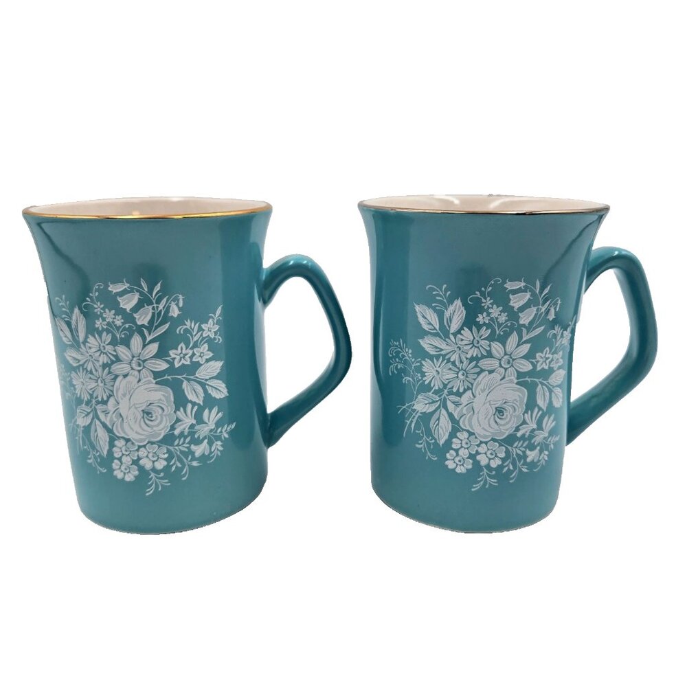 Vintage MCM Royal Winton Turquoise With Flowers Mug Cup Coffee Tea Lot Of 2 Read